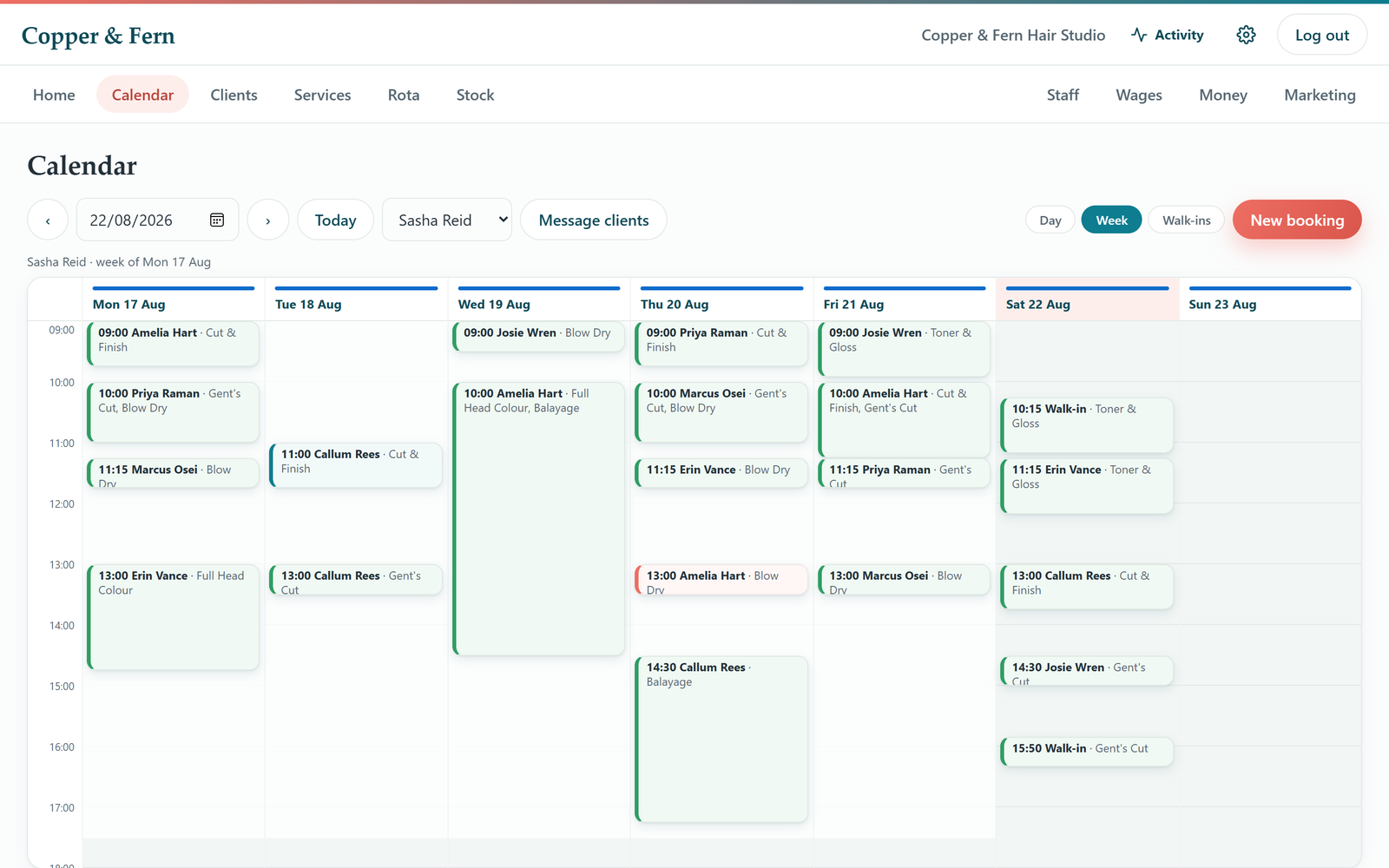 Lushera calendar - a stylist's full week of bookings