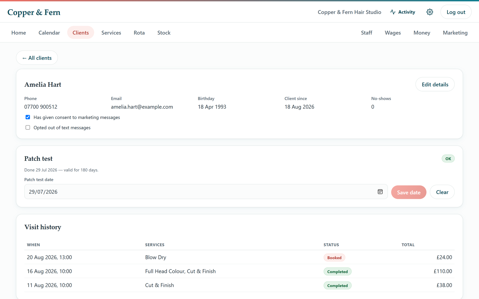 Lushera client record - history, colour formulas and patch tests
