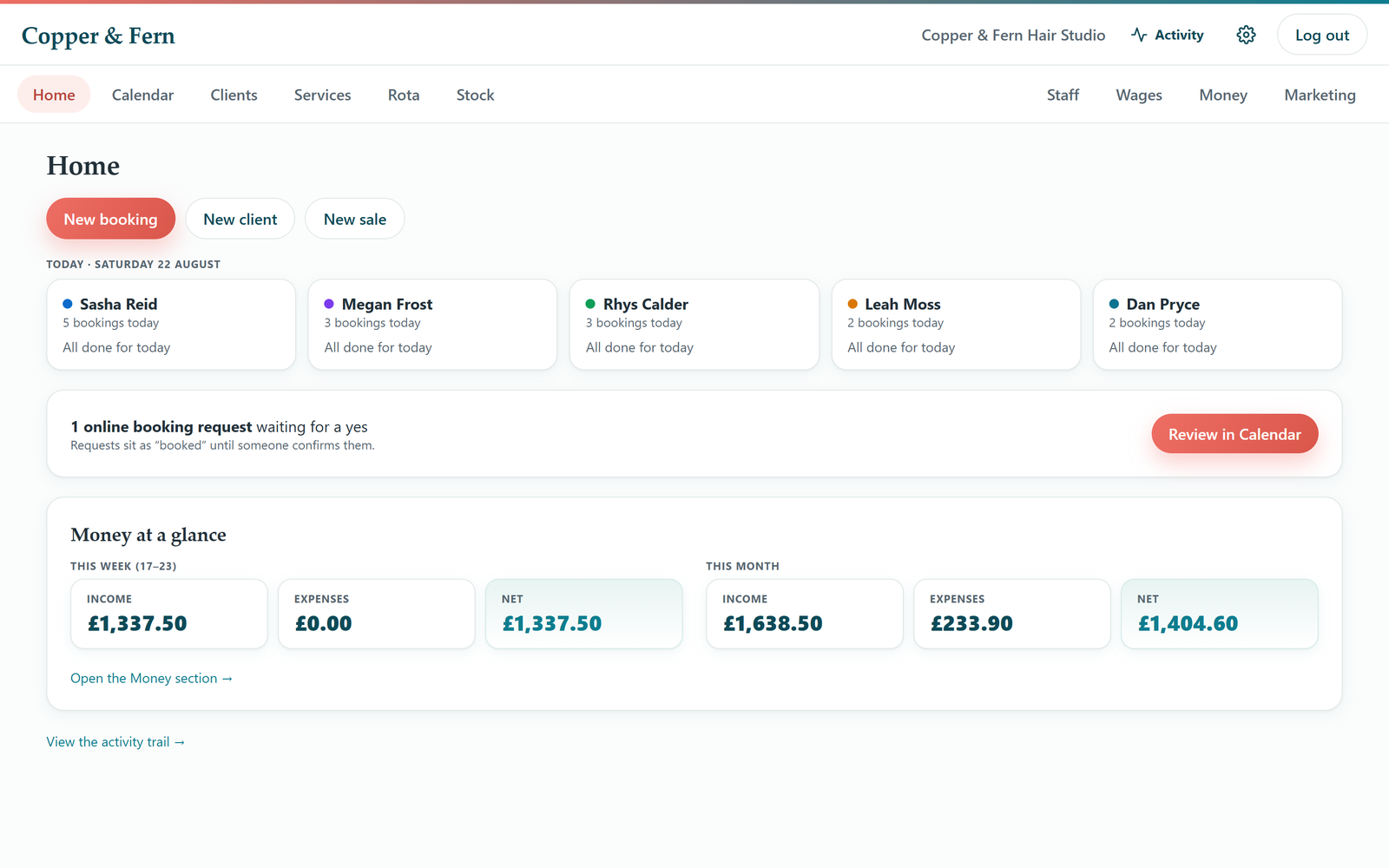 Lushera home screen - today's bookings and money at a glance