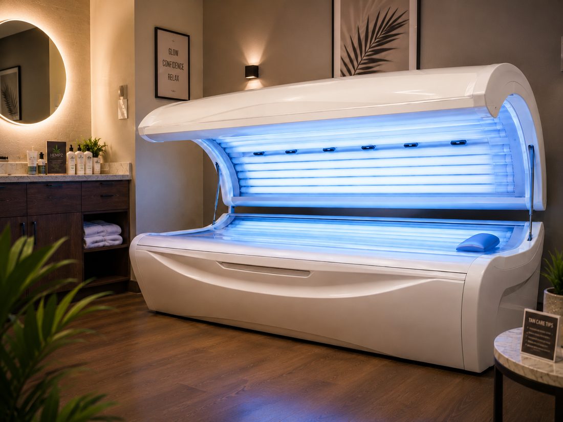 A tanning bed in a tanning studio